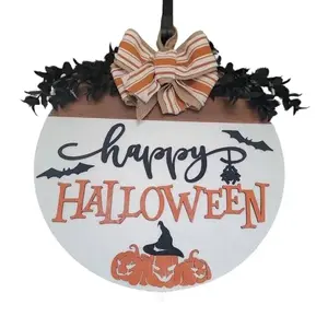 Halloween Door Hanger, Happy Halloween Front Door Decor,Halloween Wooden Door Hanger