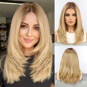 HAIRCUBE 18 Inch Human Hair Blend Lace Front Wig Glueless HD Swiss Lace Ombre Ash Blonde Middle Part Layered Shoulder Length Wigs for Women Daily Natural