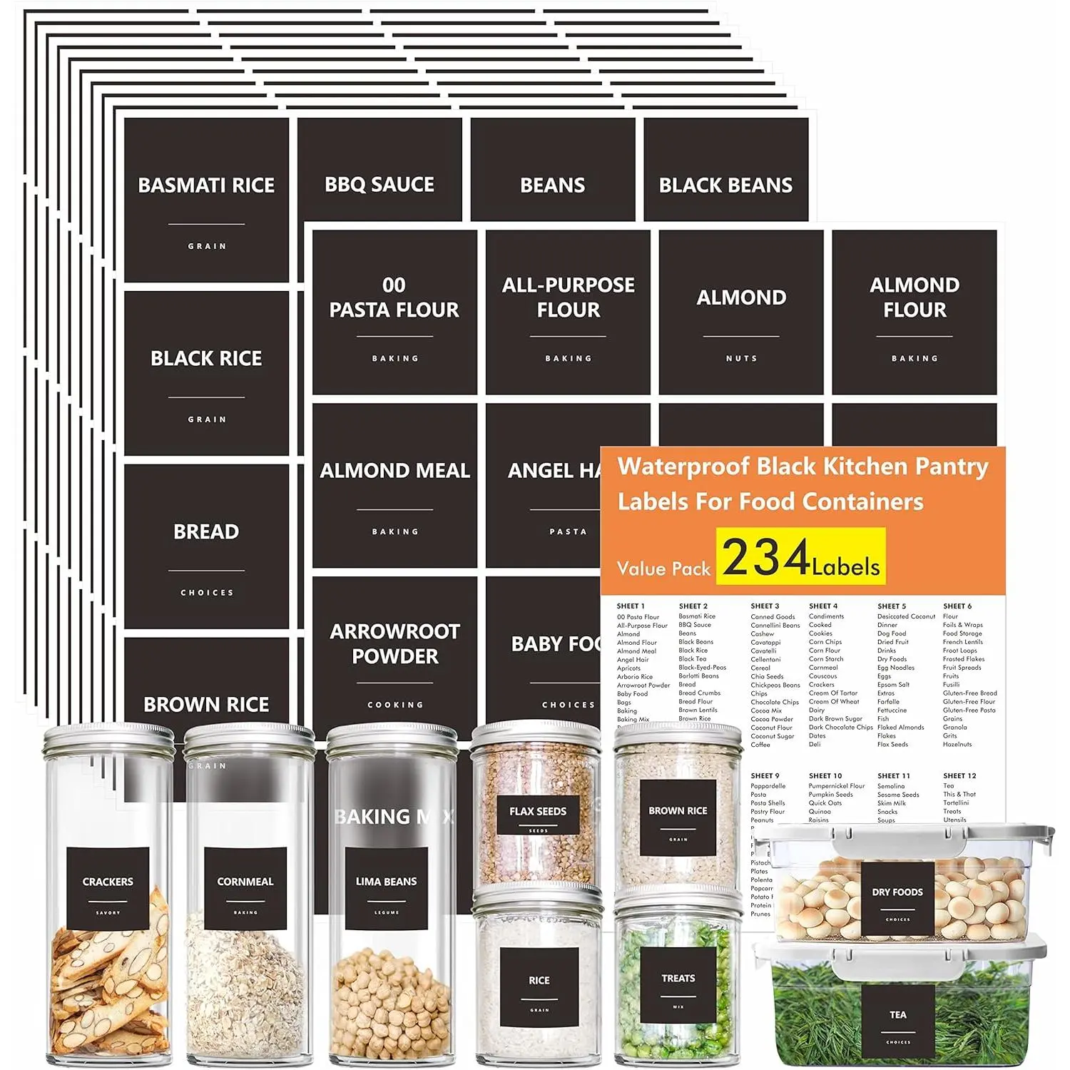 Minimalist Adhesive Labeling Aid - 234 Pcs for Organizing Kitchen, 216 Preprinted (Flour,Pasta,Peas,Condiment,Oil) + 18 2.5in x 2.5in Oil-Resistant PVC Dishwasher-Safe DIY Blank Stickers for Pantry Containers Jars, Easy Replacement