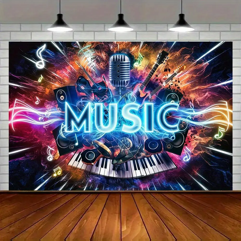 1pc Modern Farmhouse Amber Glow Polyester Music Banner - Party Decoration Supplies, Indoor/Outdoor Wall Hanging Backdrop, Birthday Photo Prop Room Decor