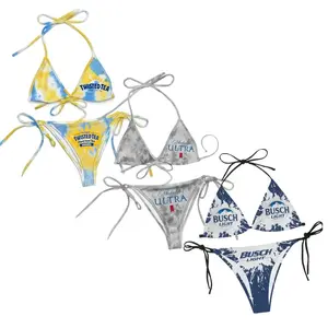 Beer Brand Inspired String Bikini Set – Twisted Tea | Michelob Ultra | Busch Light | Tie-Dye & Splash Print | Halter Tie Top & Side-Tie Bottom | Women's Fun Summer Swimwear | Beach Pool Vacation Outfit & Festival Gift