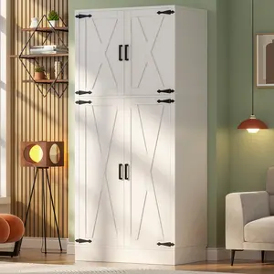Homieasy Armoire Wardrobe Closet with 4 Barn Doors, 71" Tall Farmhouse Wooden Wardrobe with  Adjustable Shelves and Hanging Rod, Clothing Storage Cabinet Organizer for Bedroom Living Room Office