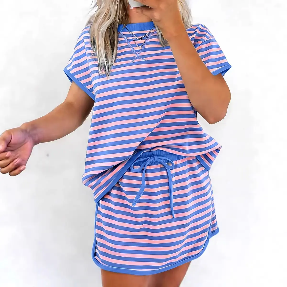 Women's 2-Piece Striped Skort Set - Korean Normal Type Loose Fit, Oversized Drop Shoulder T-Shirt, Ease for Summer Lounge & Everyday Wear, Striped Lounge Sets