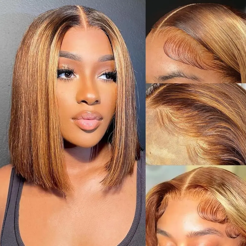 NERKRE Ombre Highlight 4/27 Straight Bob Wig, Glueless 13x4 HD Lace Front Human Hair for Black Women, Pre-Plucked Beginner Friendly 180% Density, Glueless Beginner Wig Lace Closure Wig
