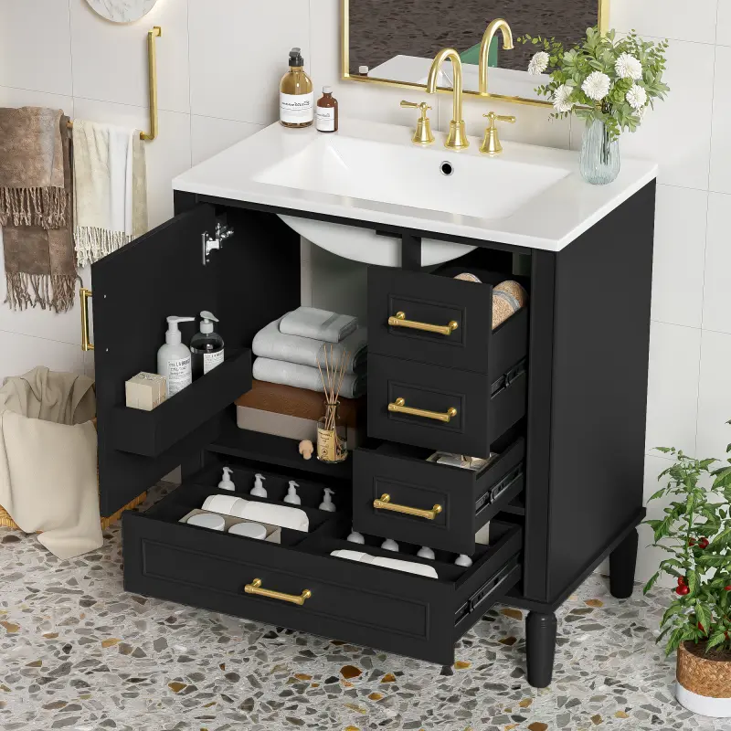 Traditional 30" Black Bathroom Vanity Set, Floor Standing, with Three Drawers, Soft Close Doors, with Long Gold Metal Handles - Perfect for Small Bathrooms