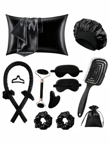 13-Piece Sleep Hair Care Set, Satin Pillowcase, Satin Hair Bonnet, Eye Mask, Heatless Curling Rod, Hair Ties, Facial Roller, Spa Gift Set