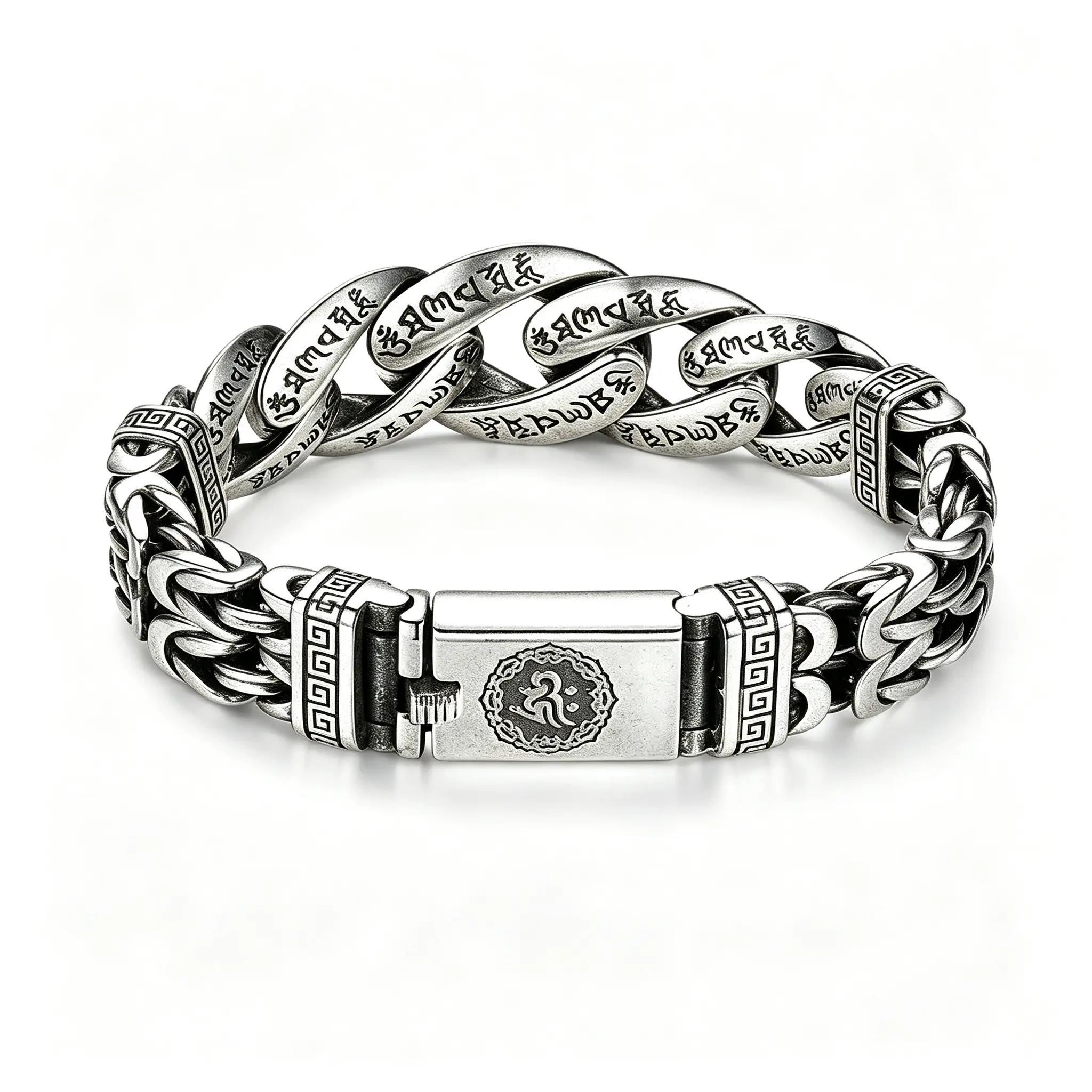 925 Sterling Silver Mantra Engraved Cuban Link Bracelet for Men - Oxidized Tone, Plated Finish, Thick Vintage Chain, Geometric Lock, Spiritual Protection Jewelry Gift for Him, Everyday Wear