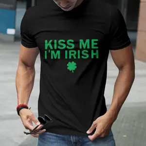 St. Patrick's Day Fun T-shirt - "KISS ME I’M IRISH" Shamrock Print Design, Casual Crew Neck Short-Sleeved T-shirt, All Seasons Suitable, Comfortable & Versatile, Festive Vibe Style, Black Base Trendy Apparel, The Best Choice For Gifting