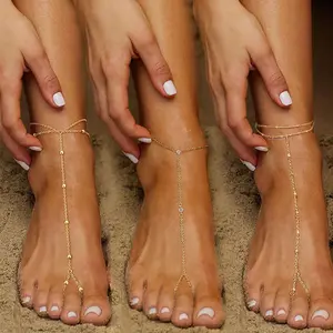 3PCS Sexy Women Stainless Steel Anklet Set Bohemian Golden Beaded Ankle Chain Inlaid Shiny Cubic Zirconia Minimalist Foot Chain Party Vacation Travel Beach Adjustable Toe Chain Fashion Accessory Holiday Wear Accessories