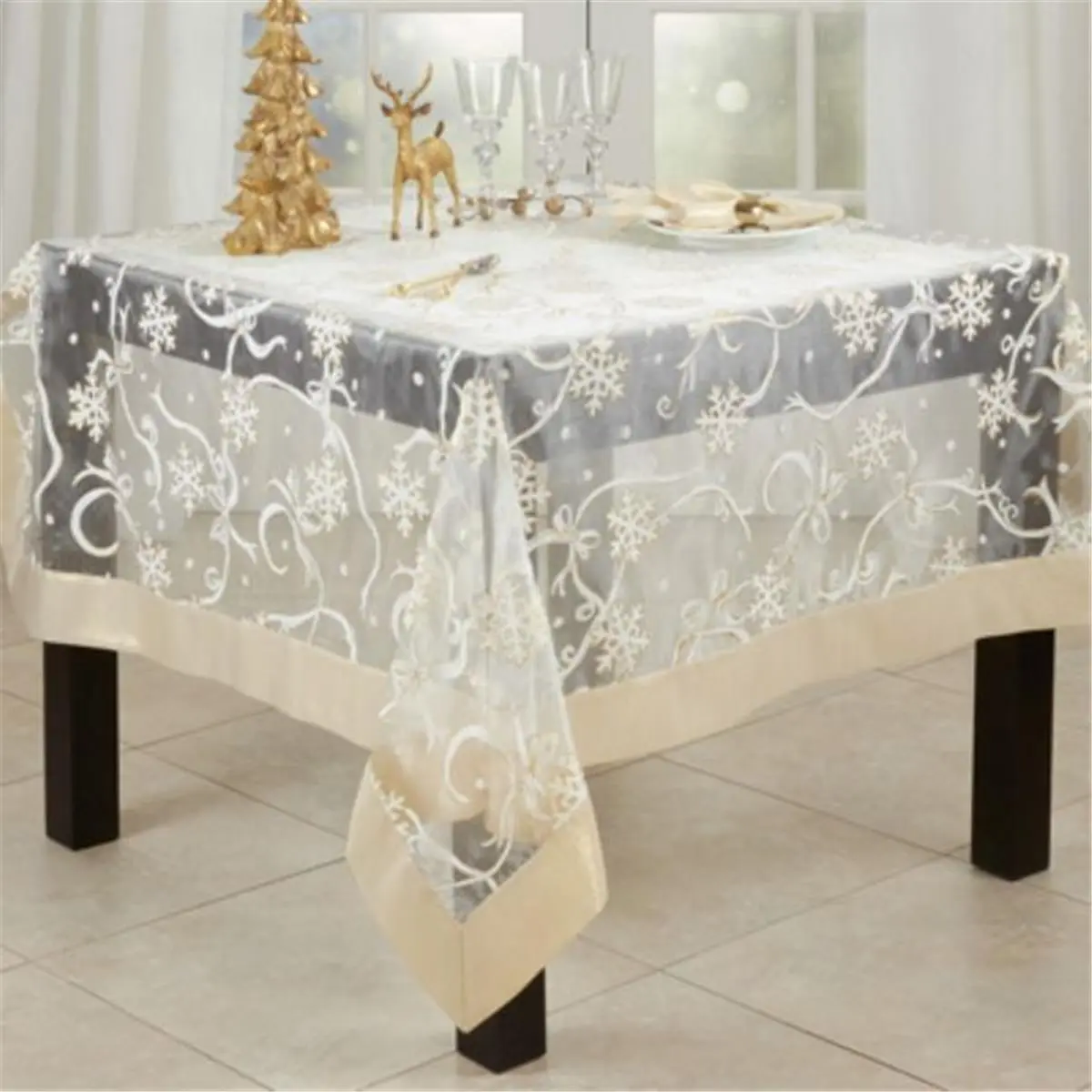 Saro Lifestyle XJ366.GL36S 36 x 36 in. Printed Snowflake & Ribbon Tablecloth, Gold