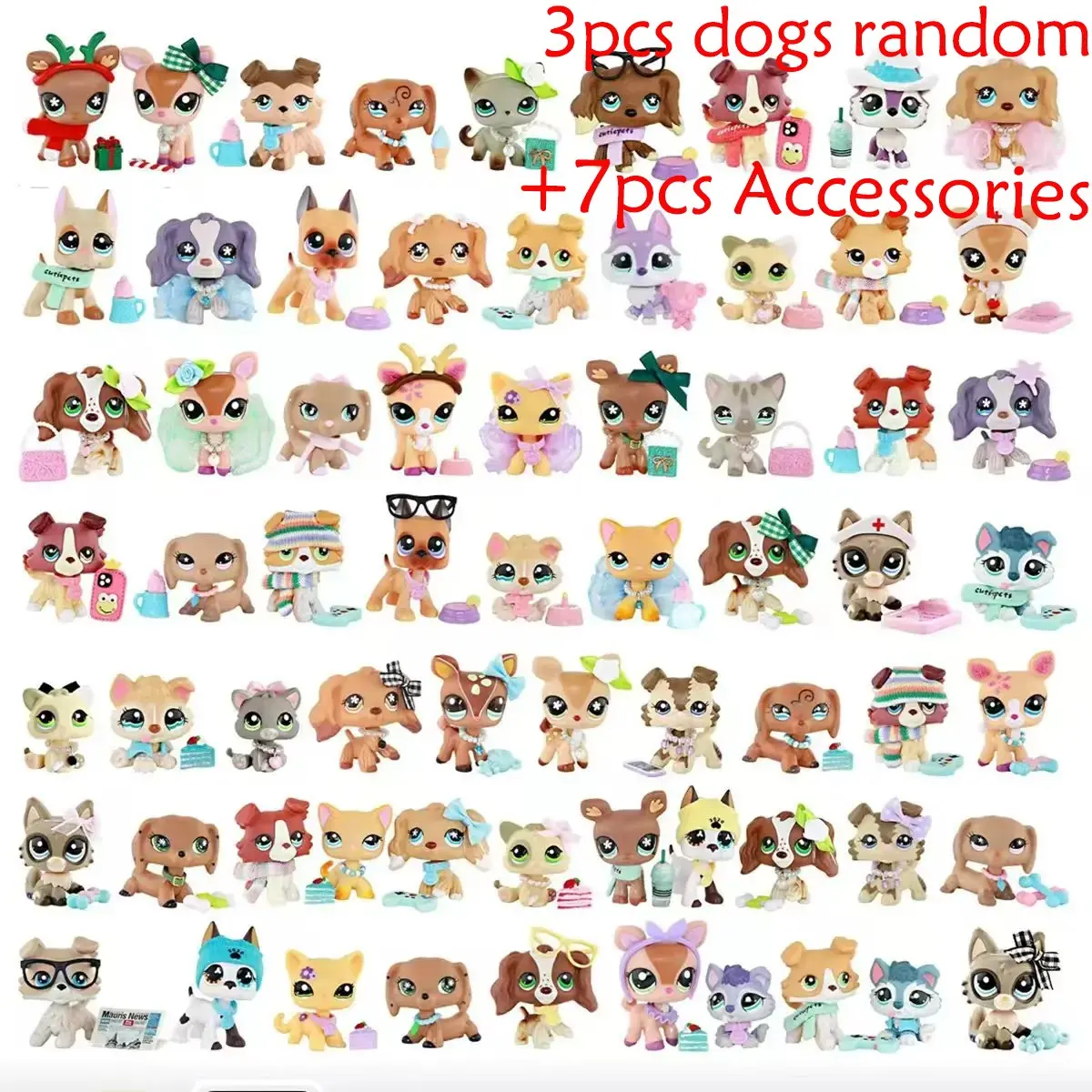 Mini Pet Dolls Set with 3 pcs Random Pets and 7 pcs Accessories, miniature cat and dog figures Animal Figurines, Figurines For Collectors, Setlittlepeta Best Birthday Halloween Christmas Gift for lps Fan Figurine Dolls Collectibles