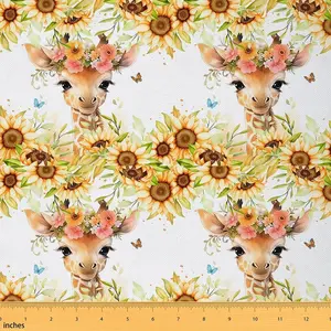 Cute Giraffe Fabric by The Yard,1 Yard,Cartoon Animal Waterproof Fabric,Sunflower Upholstery Fabric,Farm Flower Floral Print DIY Reupholstery Fabric, Colorful Floral Pattern, Cute Giraffe Pattern