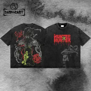 Retro Vow of Retribution: Gon’s Transformation Hunter x Hunter Graphic Tee Washed – Double Sided Print Oversized Acid-Washed Heavyweight Cotton T-Shirt – Unisex Anime Tee, Perfect Gift for Anime Fans and Lovers Menswear Tops