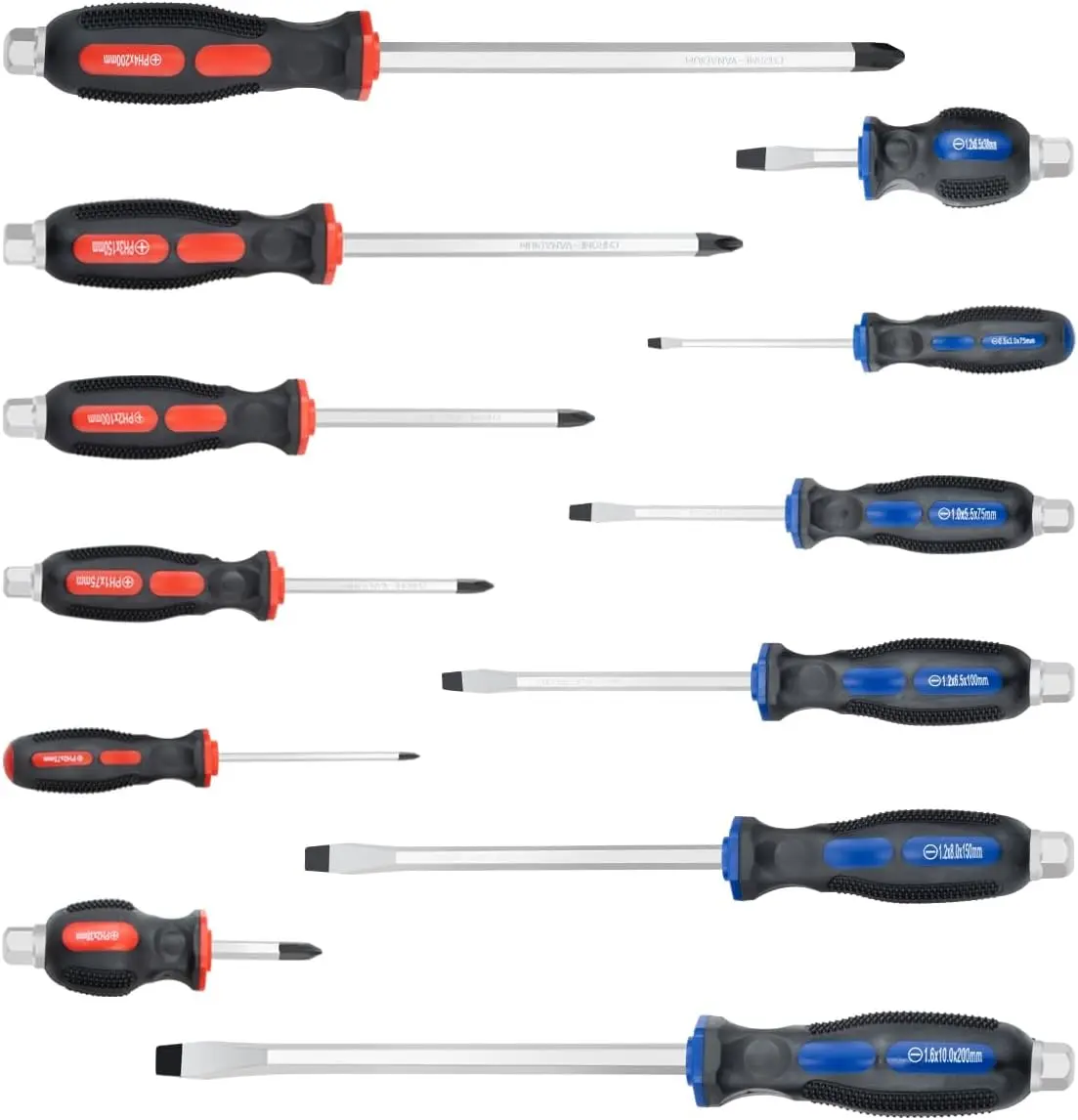 12-Piece Magnetic Screwdriver Set, 6 Phillips & 6 Flat Head with Black Tips, Go-Thru Steel Blades for Fastening & Loosening