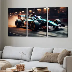 3-Piece Wooden Frame Canvas Wall Art - Modern Formula Racing Dynamic Motion Triptych, HD 8K Print, Pine Frame, Waterproof and Odorless, Indoor/Outdoor Decoration for Living Room, Bedroom, Office - Perfect Gift for Racing Enthusiasts