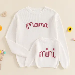 Family Matching Sweaters, Mommy and Me Letter Embroidery Round Neck Knitwear, Comfortable Warm Tops for Winter, Casual Family Outfits, Matching Holiday Clothes
