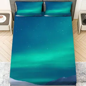 3Pcs Aurora Night Sky Starry Fitted sheet Three Piece Set (1*Fitted Sheet+2*Pillowcases, Coreless), Winter theme, Northern Lights Bedding Set, Mattress protector Soft, Breathable