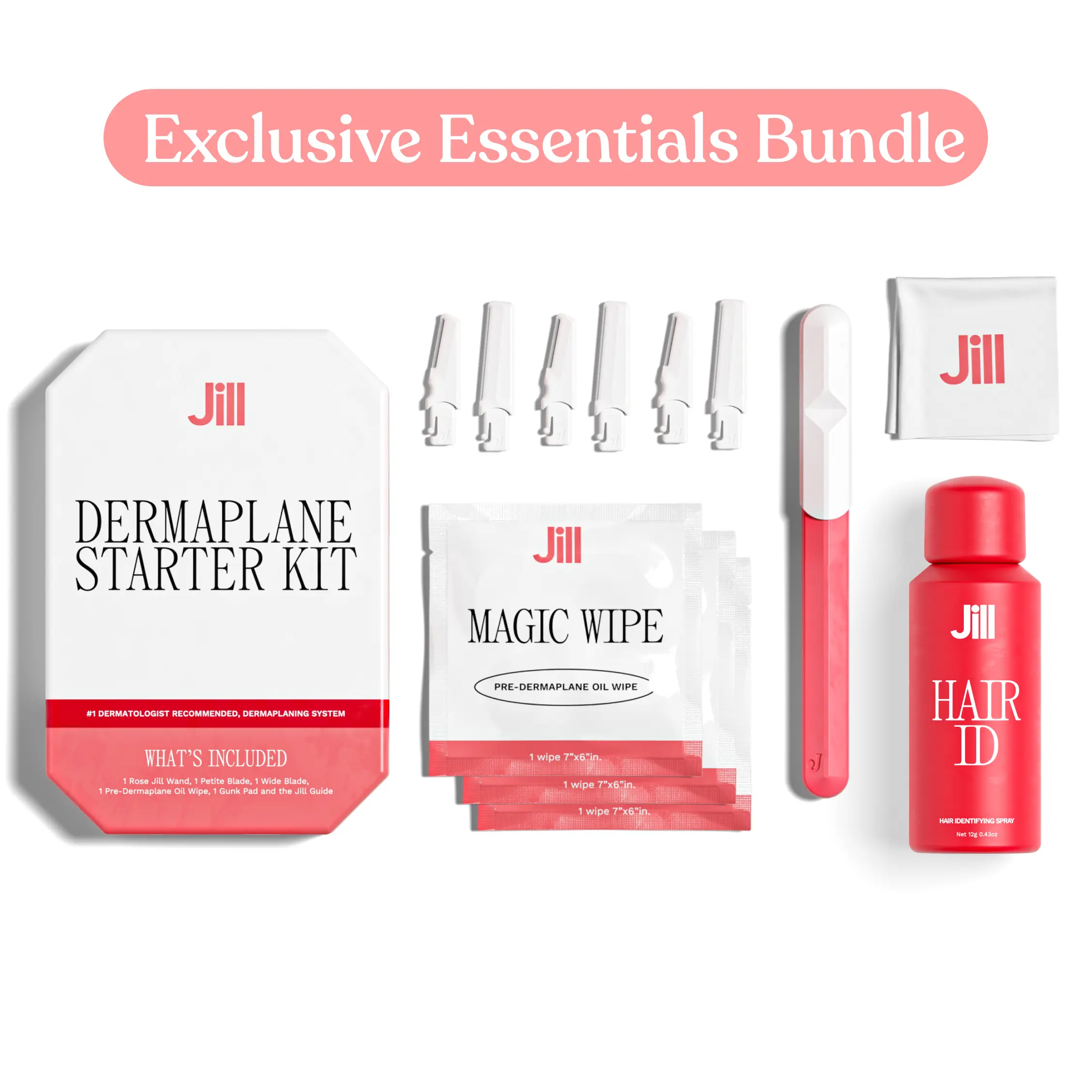Jill Exclusive Bundle | Essential Dermaplaning Kit with Razor, Hair Identifier Spray, 3-Month Blade Supply, 3 Pre-Shave Oil Wipes - Everything You Need to Dermaplane at Home