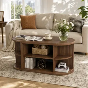 Oakault Multi-Functional Coffee Table with Storage, Extendable Up to 55.12 Inches.Oval Coffee Table with Vertical Striped Sliding Door & Round Base, Mid-Century Modern Center Table for Living Room, Black and Walnut fathersdaygift