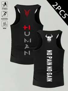 2Pcs Men’s Graphic Workout Tank Tops |  Breathable Gym Muscle Shirts | No Pain No Gain Bull Skull Print Athletic Tees | Slim Fit Sleeveless Tops for Fitness, Running, Streetwear & Casual Athleisure