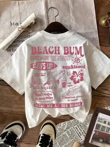 Women's Beach Bum Print Round Neck Graphic Tee, Vintage Trendy Casual Short Sleeve T-shirt for Daily Wear, Ladies All Seasons Outfit, Top