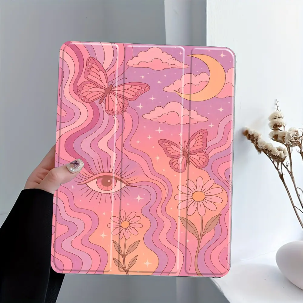 Retro 70s Psychedelic Butterfly Eye Tablet, Computer Case, 3-Tier Stand Transparent Acrylic Hard Back with Pencil Slot, Auto Wake/Sleep Shockproof Protection Full Cover, Fits 7.9/10.2/10.5/10.9/11/12.9 Inch Tablets, suitable for office, school, home, gift