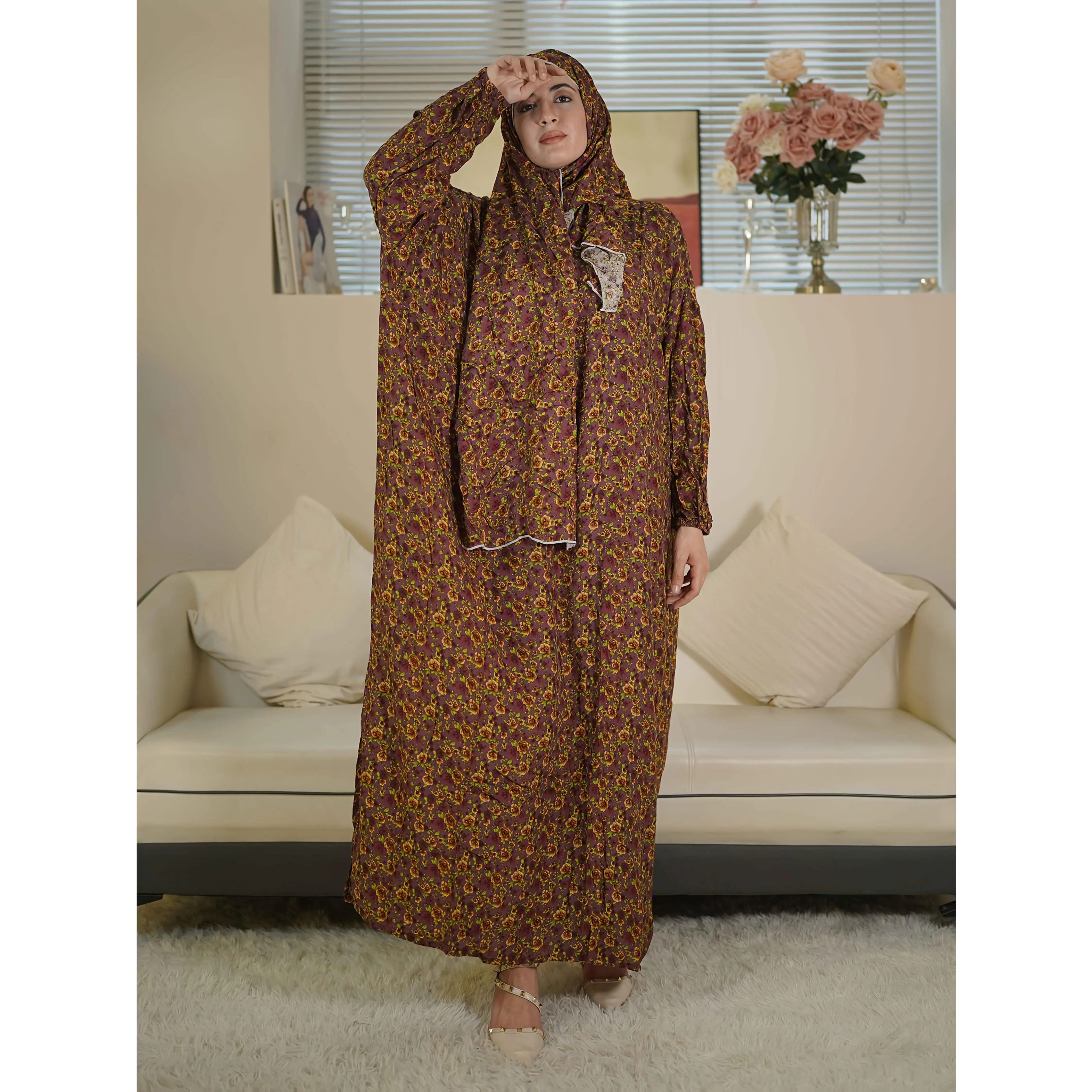 Women's Floral Viscose Abaya Set, Casual Long Sleeve Robe with Headscarf, Modest Islamic Dress for All Seasons Daily Wearing, Dry Clean, Loose, Hijab Headscarf