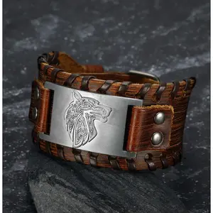 Asgard Crafted Leather Buckle Arm Cuff with Fenrir Design Does not apply