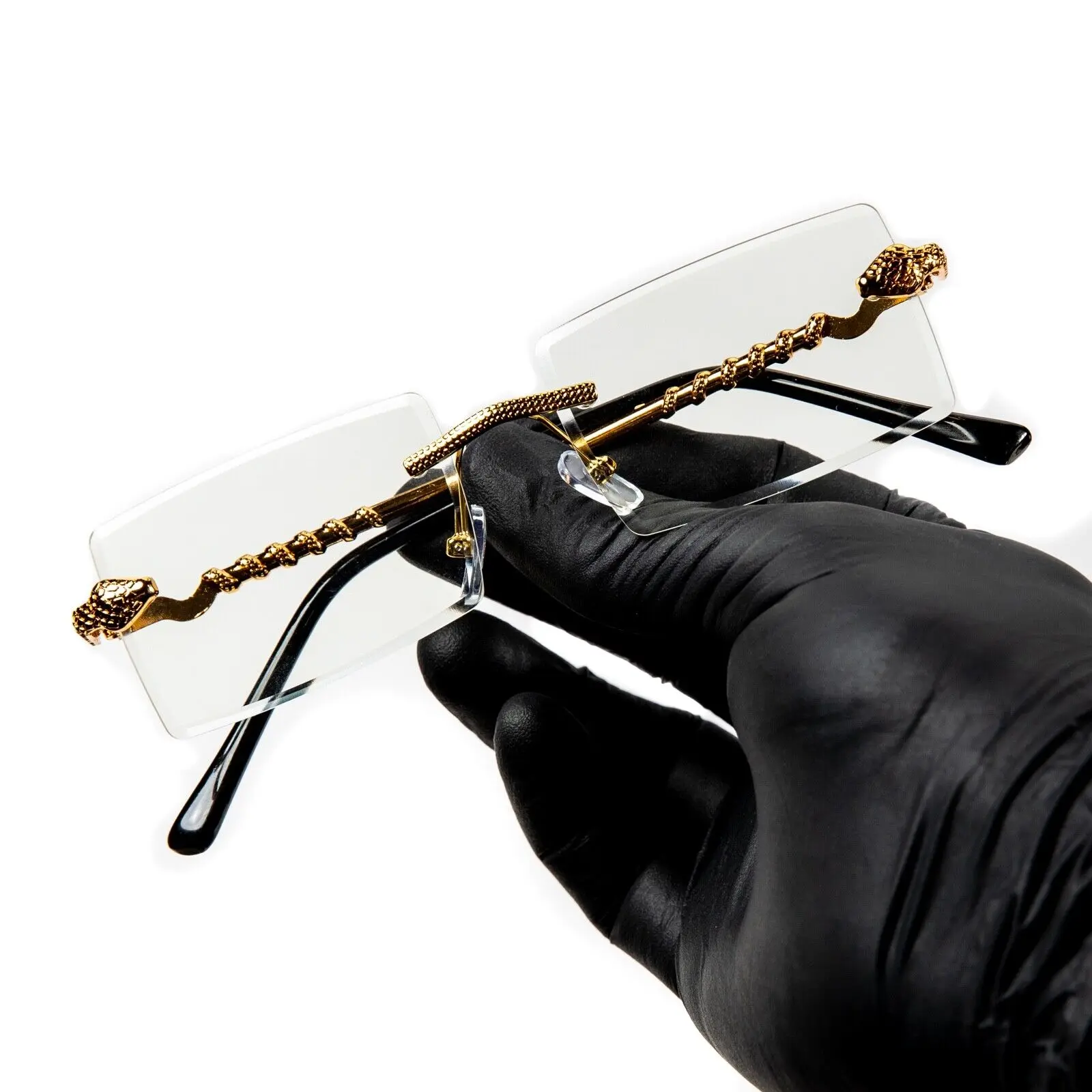 Mens Vintage Gold Frame Clear Lens Rimless Hip Hop Glasses