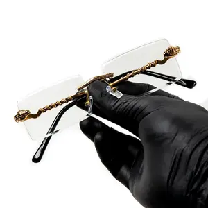 Mens Vintage Gold Frame Clear Lens Rimless Hip Hop Glasses