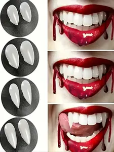 Vampire Teeth Costume Accessories, 4 Pairs Plastic False Teeth, Mixed Sizes, Comfortable & Durable, Perfect for Halloween Cosplay Gothic Events