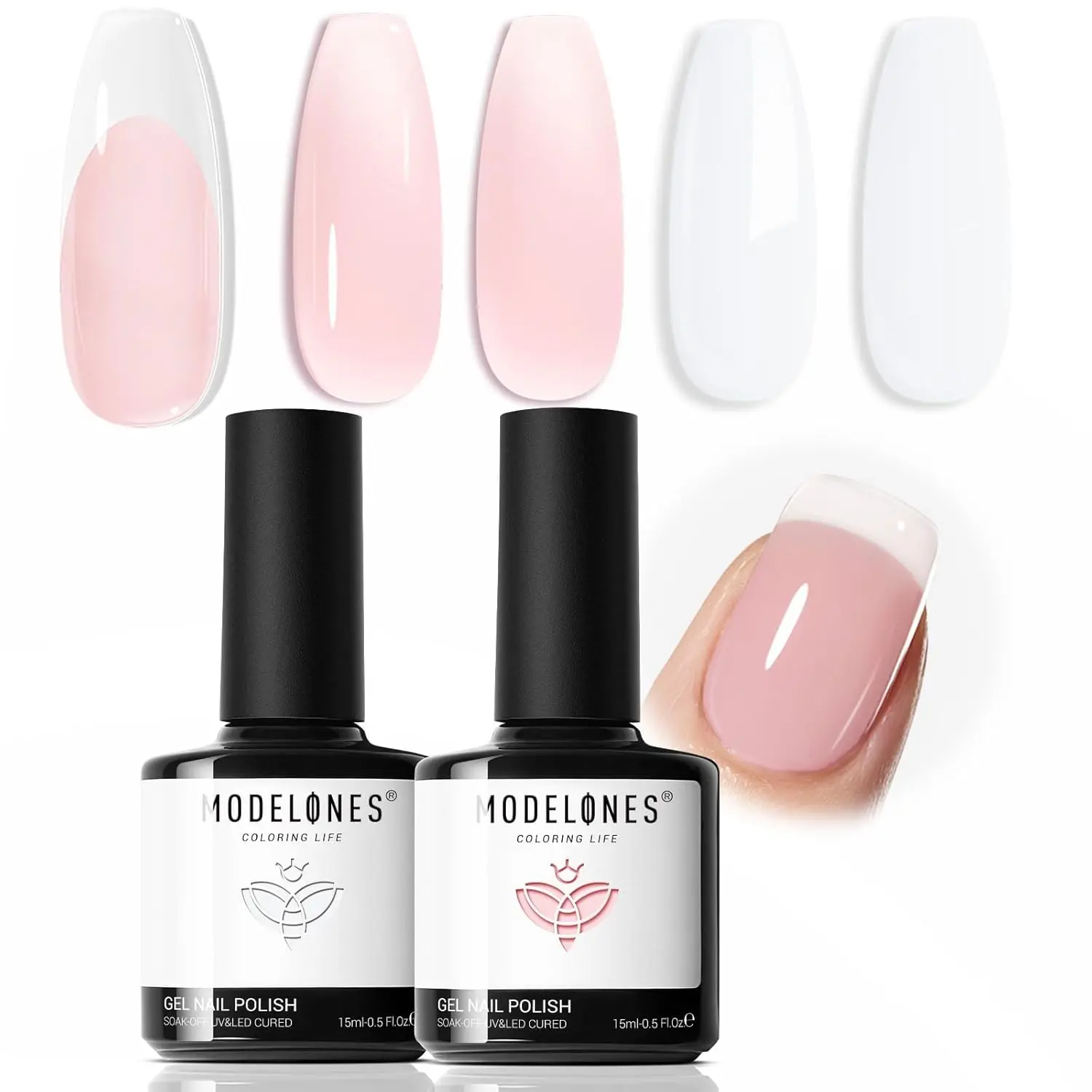 modelones Gel Nail Polish Set 2Pcs 15ml French Manicure Kit White Nude Pink | French Tip Gel Polish Natural Nail Art, Jelly Sheer Gel Polish Soak Off UV LED Classic, DIY at Home or Salon, Gift for Women