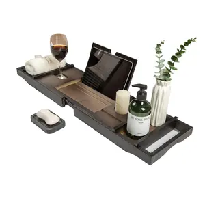 Bamboo Bathtub Caddy Tray - Expandable for Luxury Bath, Bath Accessories & Table with Wine Glass Holder, Book Stand - Bathroom Organizer with Extending Sides, Brown