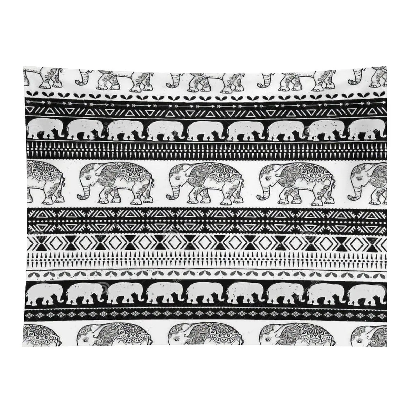 Black White Bohemian Elephant Geometric Stripe Seamless Pattern Tapestry, Ethnic Vintage Animal Print Wall Hanging for Home Room Decor