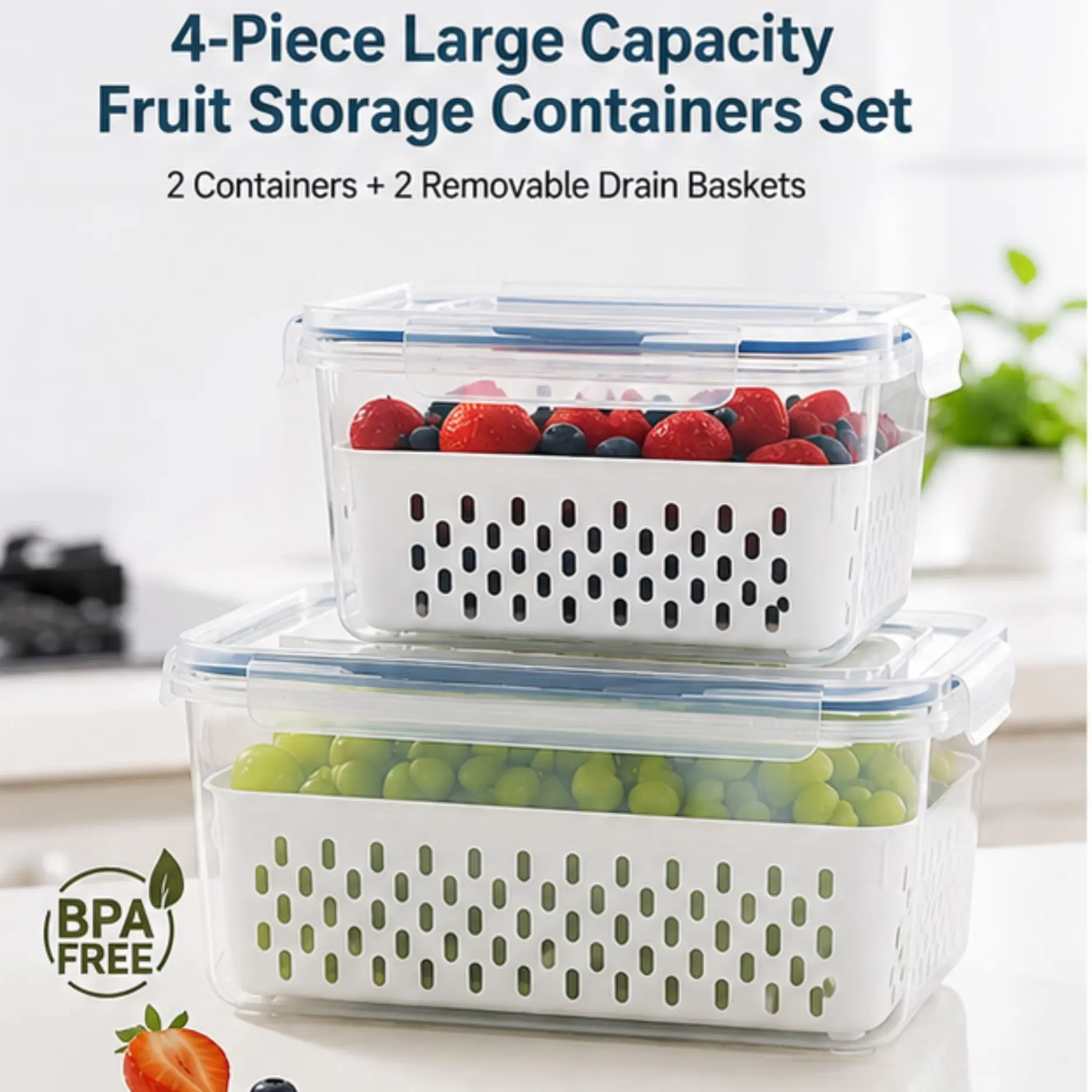 4PCS Large Capacity Fruit Storage Containers for Refrigerator, Airtight Produce Saver with 2 Removable Drain Baskets, Dishwasher Safe Food Storage Set