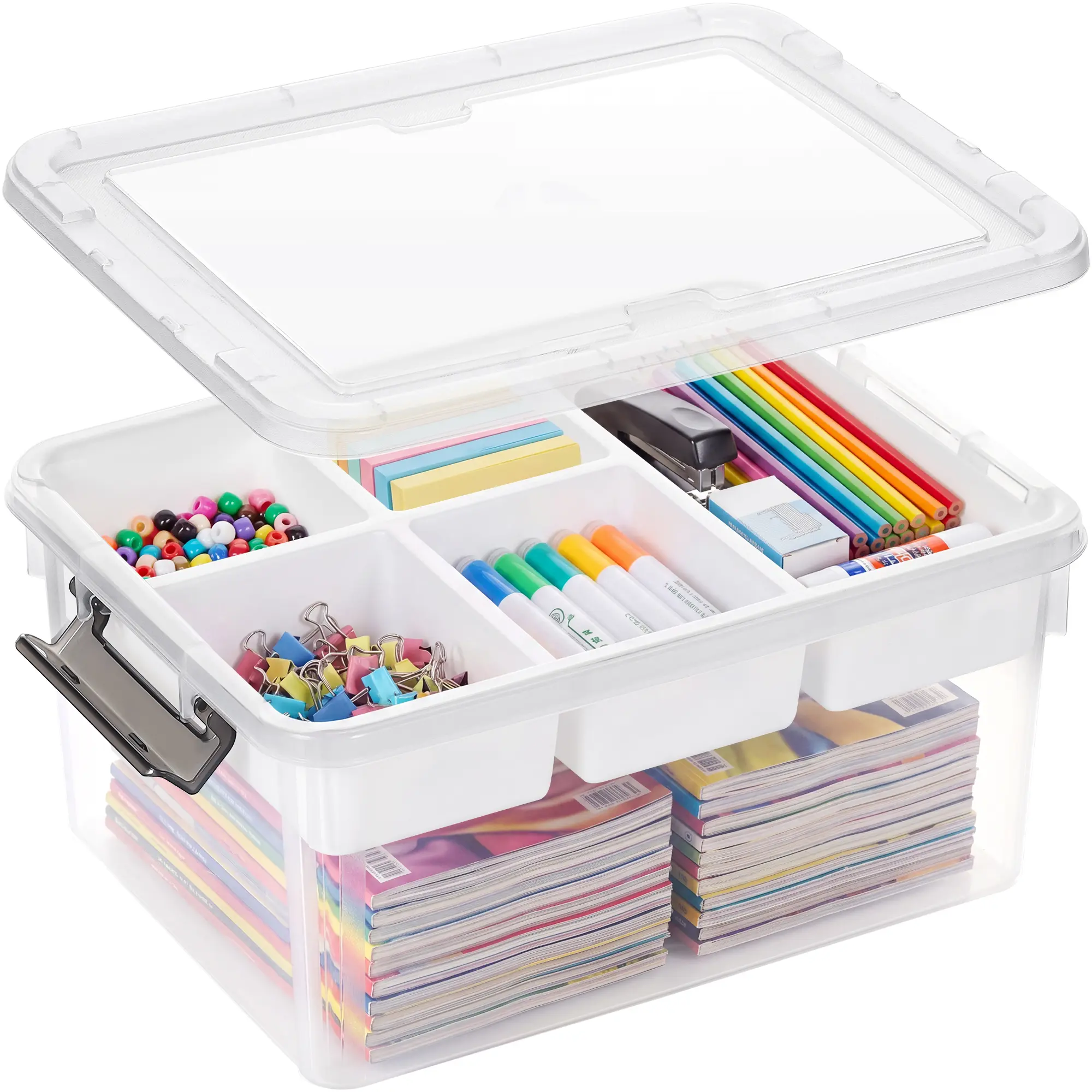 Anywish 17 Qt Clear Plastic Storage Bin with Lid, Removable 5-Compartment Tray, Stackable Organizer for Crafts, Toys, Art Supplies, Sewing, Small Tools