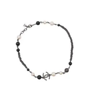 Pre-owned Chanel Metal Pearl Bead Crystal CC Necklace Silver Black Twins LDJ4208