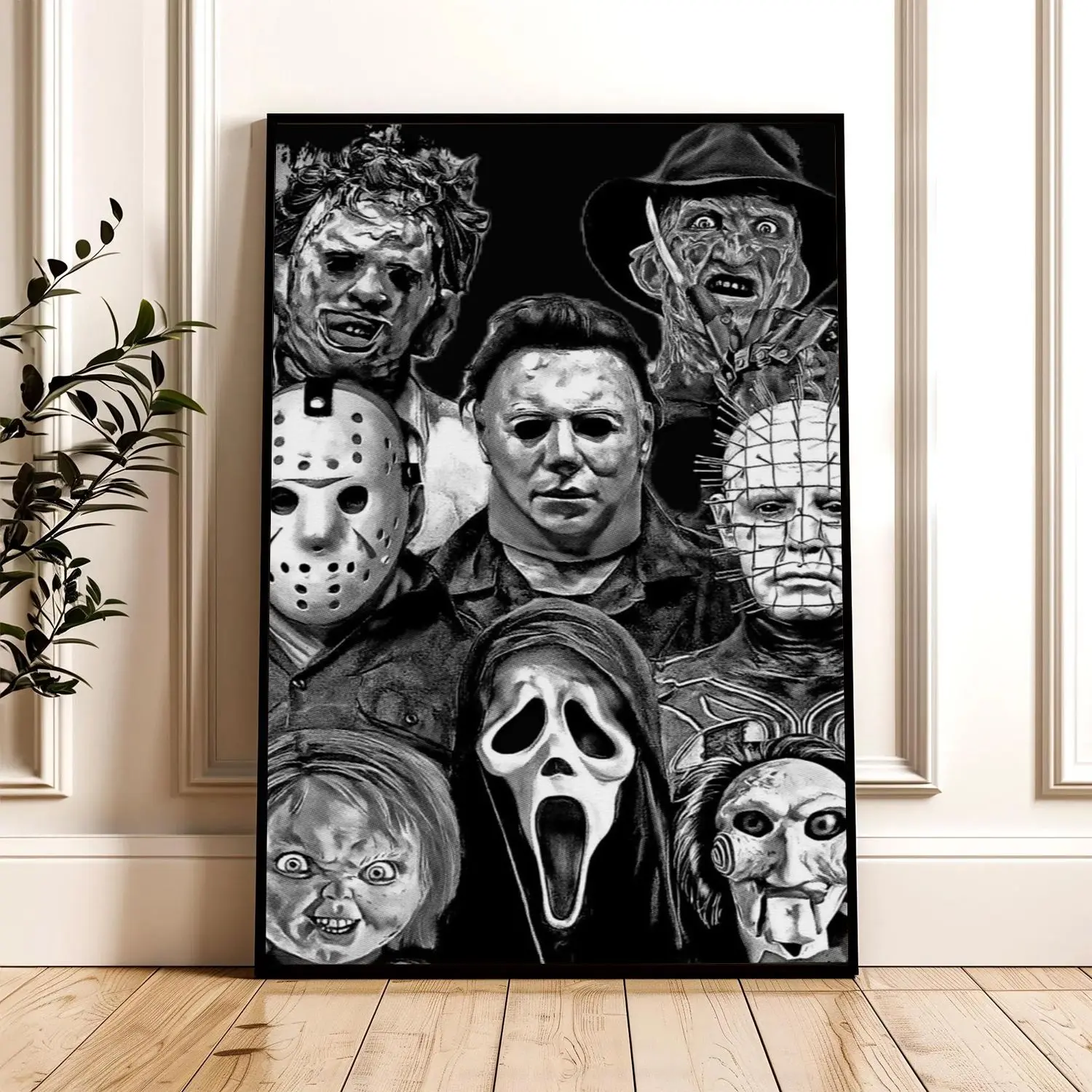 [25% OFF] [UNFRAMED] Classic Horror Villains Poster, Black and White Slasher Wall Art, Halloween Movie Room Decor, Spooky Horror Print