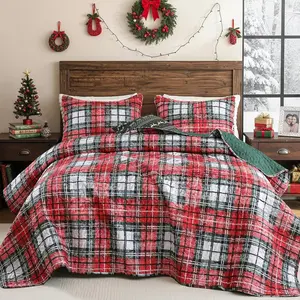 Christmas Quilt Set Queen Size - Red Plaid Lightweight Winter Quilted Bedspread - Soft Patchwork Christmas Bedding for Gift, Cozy Holiday Bedroom Décor