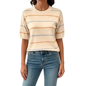 Shewin Summer Outfit Women's Striped Knit Top Crew Neck Short Sleeve Loose Fit Ribbed Neck and Cuff Casual Pullover DealsForYouDays, Shortsleeve, Women's Clothes