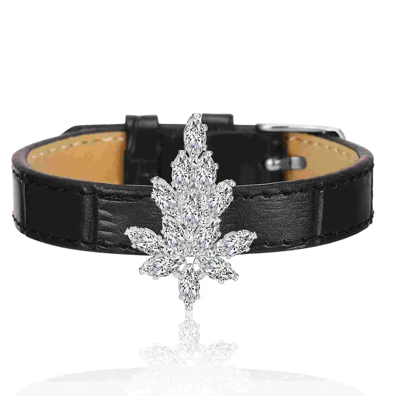 Aprilery Leather Bracelet for Women, Exquisite Black Band with Sparkling Crystal Leaf, Trendy Adjustable Jewelry Gift, Exquisite Trendy Bracelet