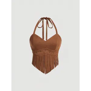 MOD Vintage Brown Suede Tassel Halter Neck Top