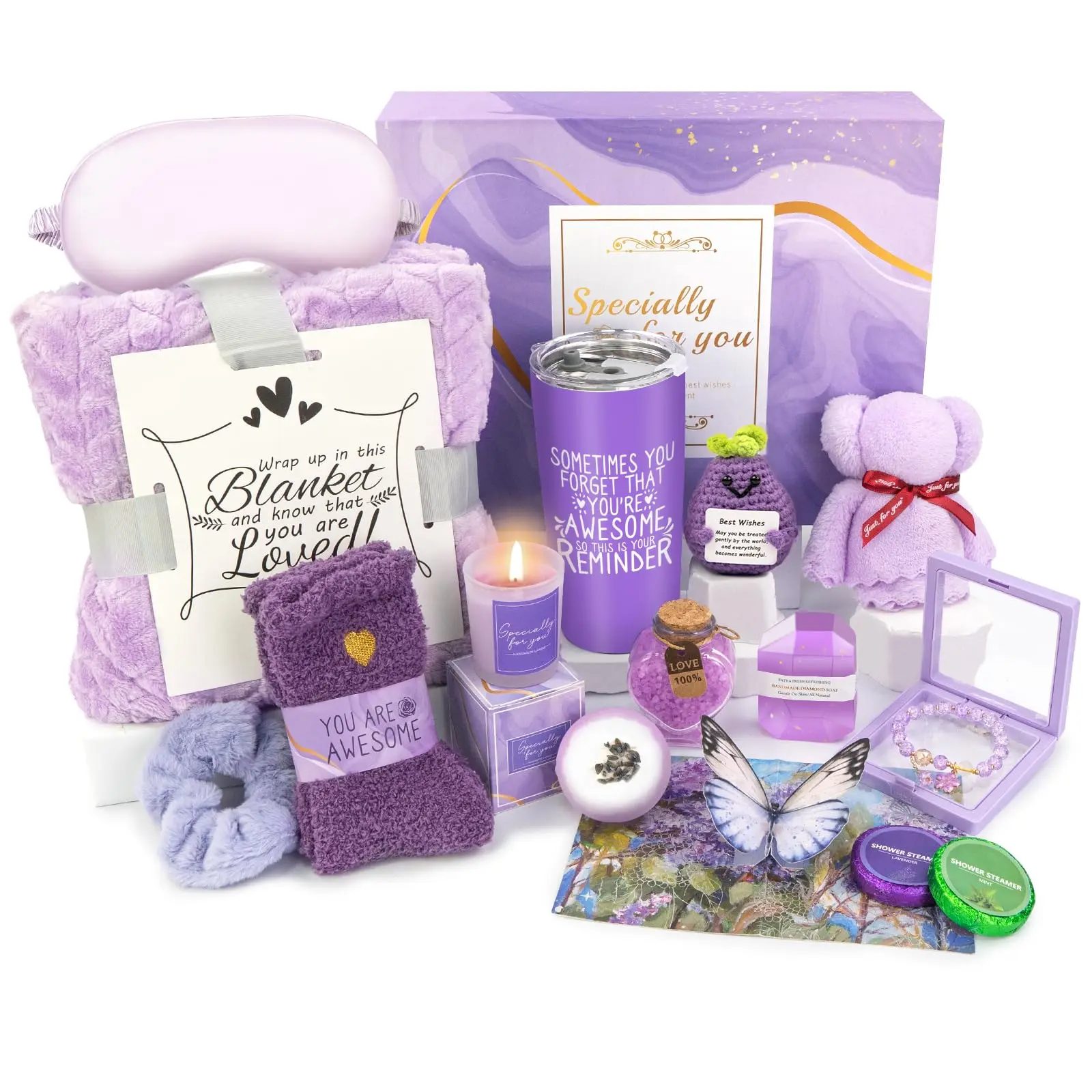 Lavender Spa Gift Basket for Women - 16-Pcs Cosmetic Body Care Self Care Bundle Box, Unique Get Well & Birthday Item for Mom (Festive Party Supplies Gift Bag)