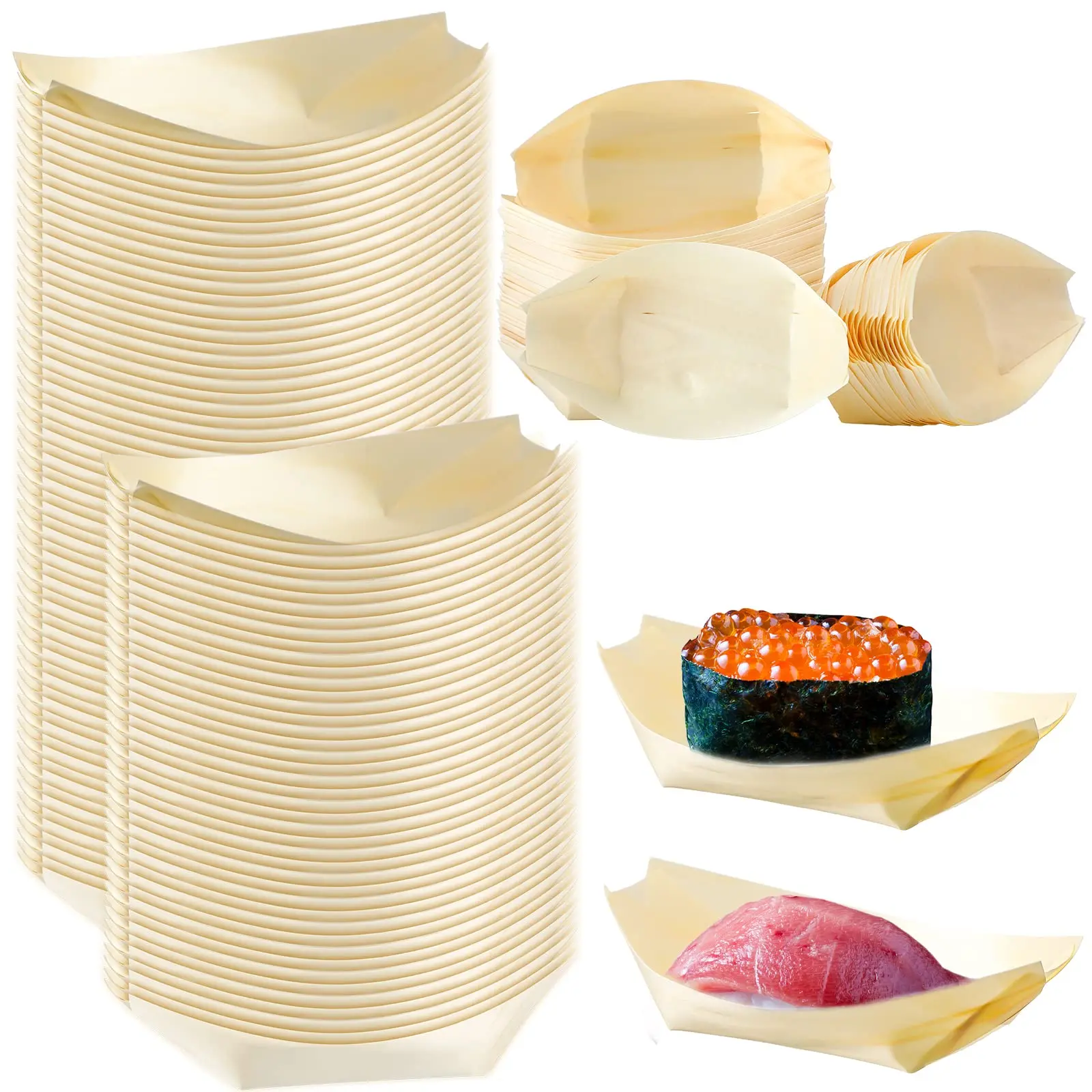 100 Pack Bamboo Boat Plates Bamboo Appetizer Boats 6.7'' Disposable Wooden Charcuterie, Small Sushi Serving Tray, for Food Catering Party Home Use