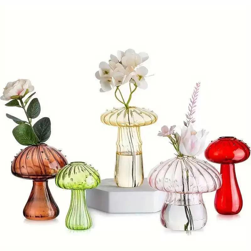 5-Pack Cute Mushroom Glass Vase Set, Mini Ribbed Mushroom Bud Vases, Colorful Aesthetic Tabletop Decor, Fairycore Home Decor for Bedroom and Living Room
