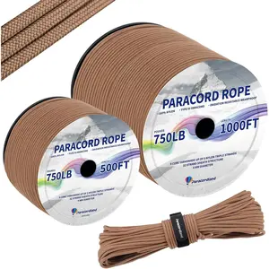 -750LB Rope-100ft/500ft/1000ft- 9 Strand Parachute Spool Cord Duty String for Gear Bracelet Camping Fishing-Wolf Brown-1000FT