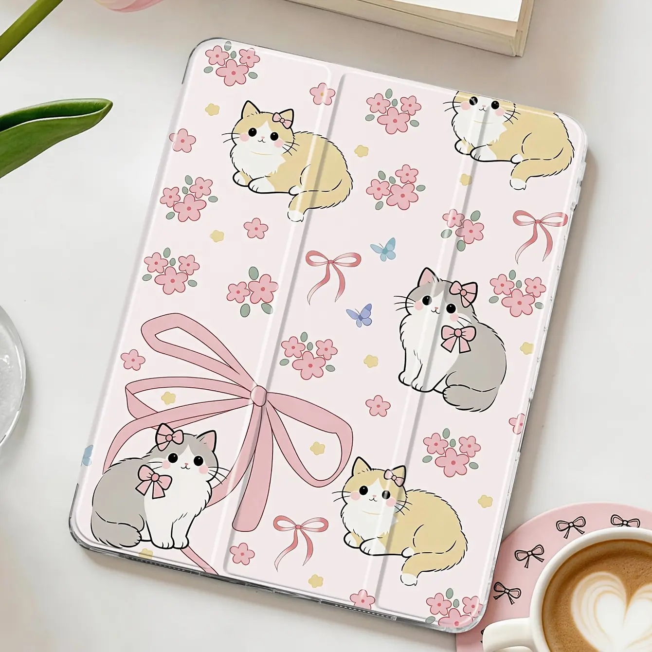 Crushed Flower Bow Cat Pattern Tablet Case, Compatible with iPad (A16) 11-inch / 11th Generation, Painted Pattern Protective Cover, Compatible with iPad 10.2-inch 2021/2020, Suitable for iPad 10th/9th/8th Gen/mini 6/7, Tablet Protective Case