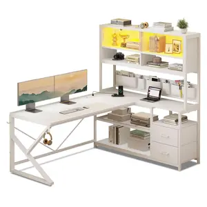 Sikaic LED L Shaped Gaming Desk with 2 Drawer and Bookshelf White Stable Tabletop Wood Workstation