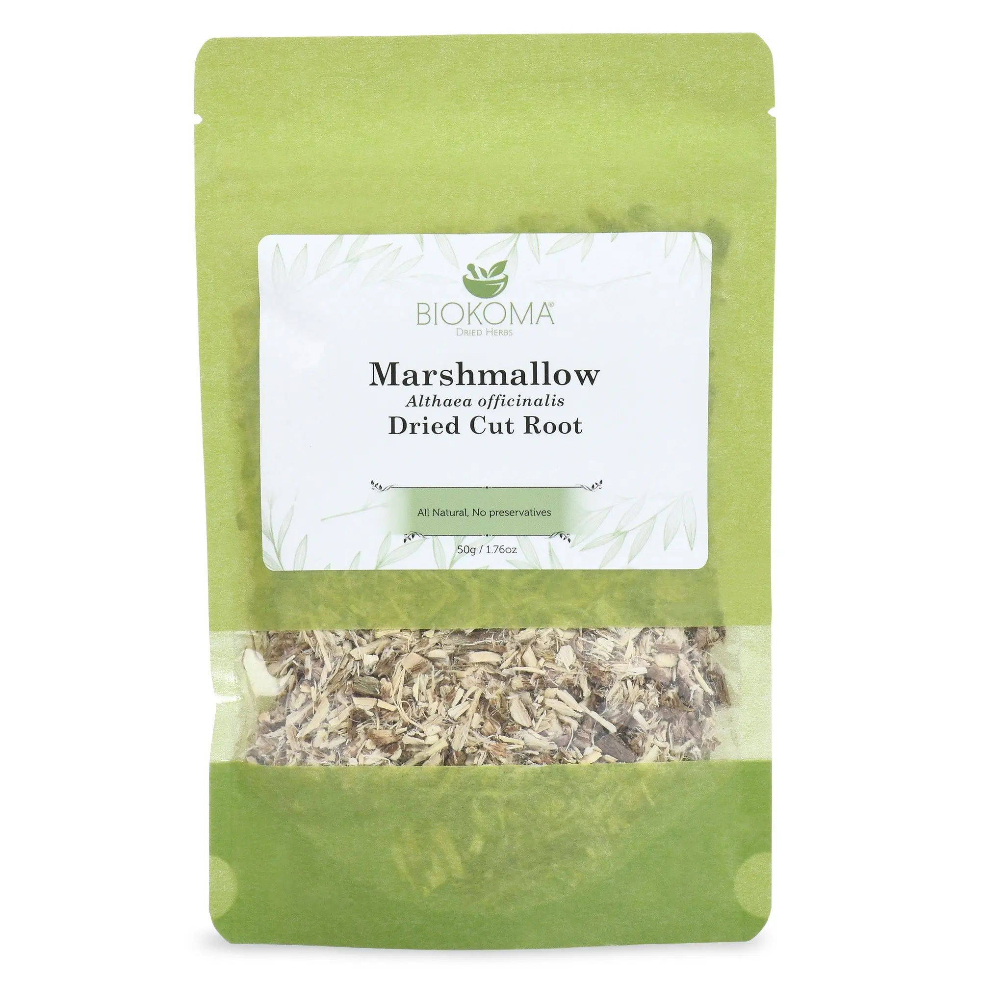 Biokoma Pure and Natural Marshmallow Dried Cut Root 50g (1.76oz) in Resealable Pack Moisture Proof Pouch - Herbal Tea, No Additives, No Preservatives, Kosher