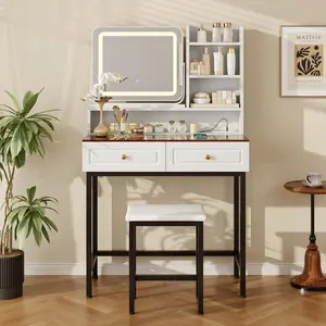Makeup Vanity with LED Lighted Mirror, 360° Rotatable Mirror, Vanity Desk with 2 Drawers,Power Outlet and 3-Tier Shelves, Amber Glass Table Top, Dressing Table with Sturdy Metal Leg and Stool, White